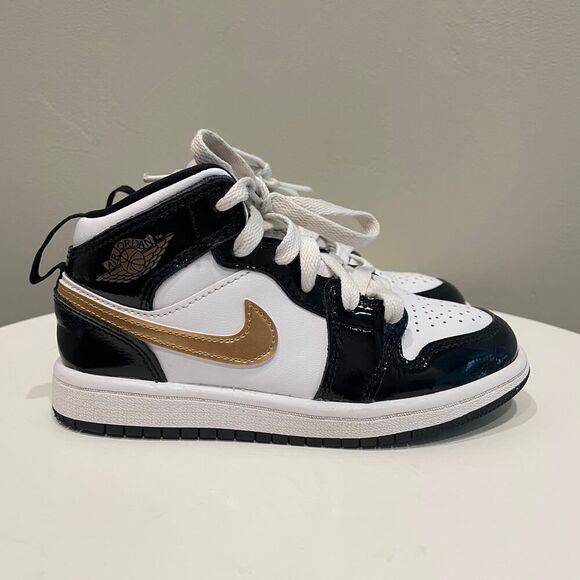 Nike Air Jordan 1 Mid Patent Black White Gold Boy Shoes - Size: 12C - Picture 2 of 9
